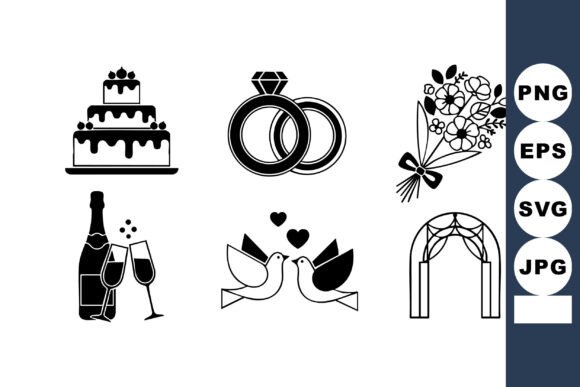 Elegant Wedding Symbols Vector Set with Cake & Ring